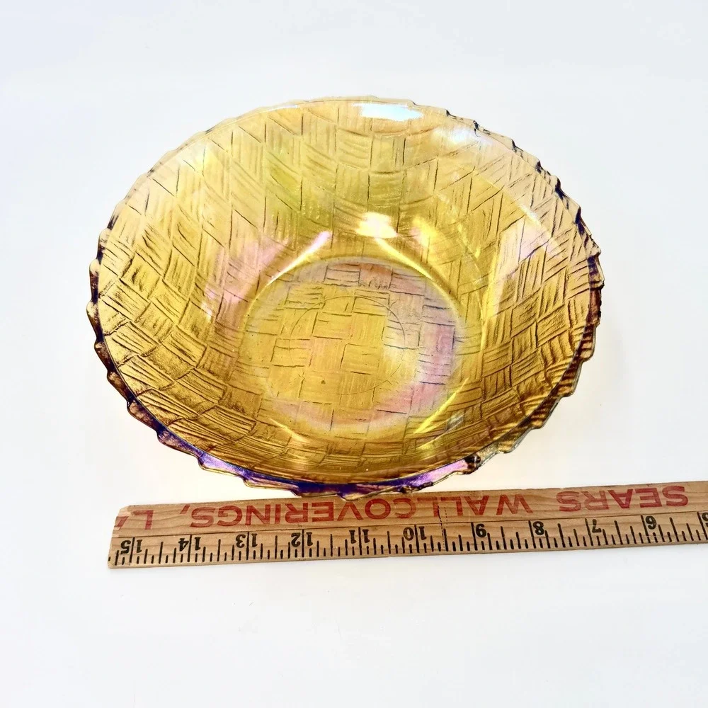 Indiana Iridescent Glass Amber Marigold Carnival‎ Glass Basketweave Bowl 8.5in
